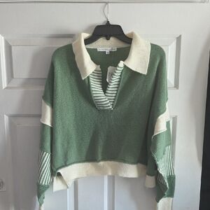 Altar'd State Green and Cream Cropped  V-Neck, Long Sleeved Sweater, Small, NWT